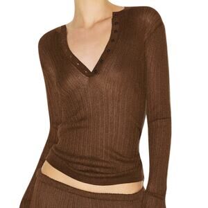 SKIMS Sheer Knit Long Sleeve Henley Bison XS NWT $98